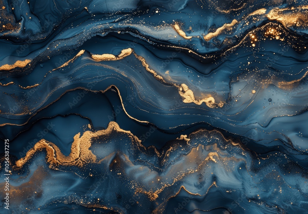 Fototapeta premium Elegant Abstract Fluid Art with Alcohol Ink and Gold Leaf, Blue and Black Flowing Shapes with Marble Texture