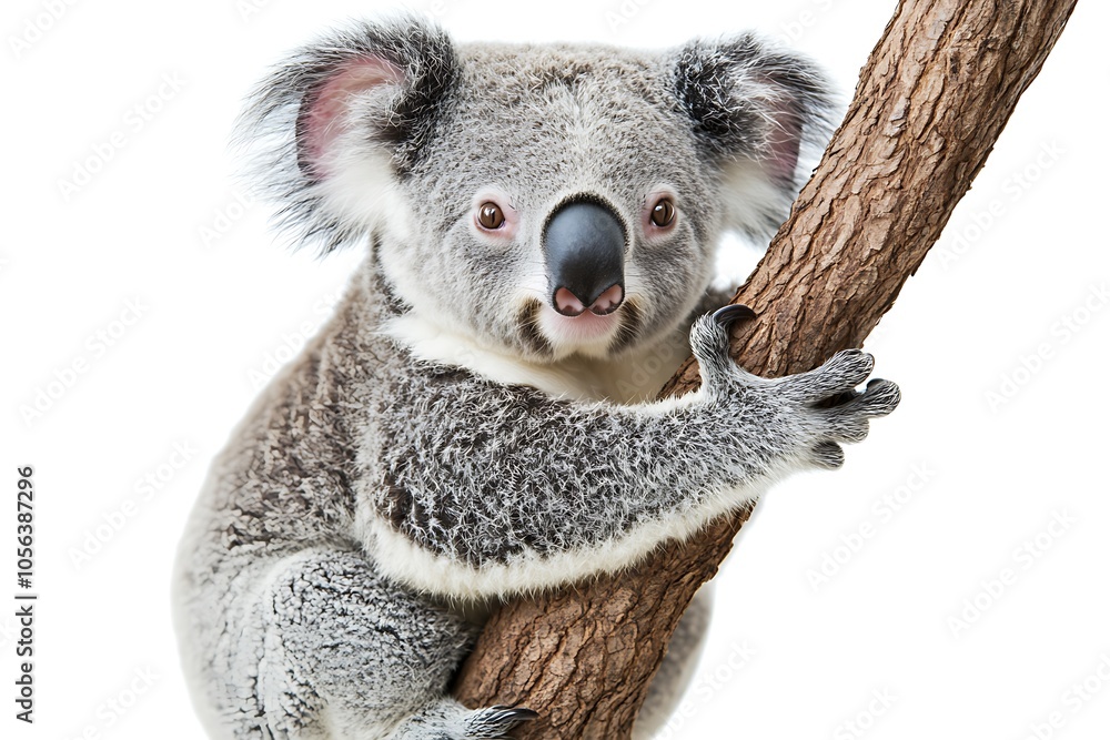 Obraz premium Koala clinging to a tree branch, isolated on a white background