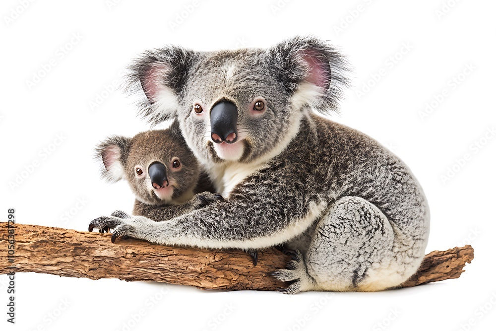 Obraz premium Mother koala embracing her baby while sitting on a branch against a white background