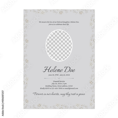 Floral funeral invitation template features a delicate floral border framing the edges on a gray background conveying a sense of respect and solemnity