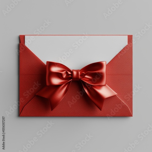 3D Red Envelope with White Gift Card and Bow on Grey Background Traditional Chinese Style Minimal Concept