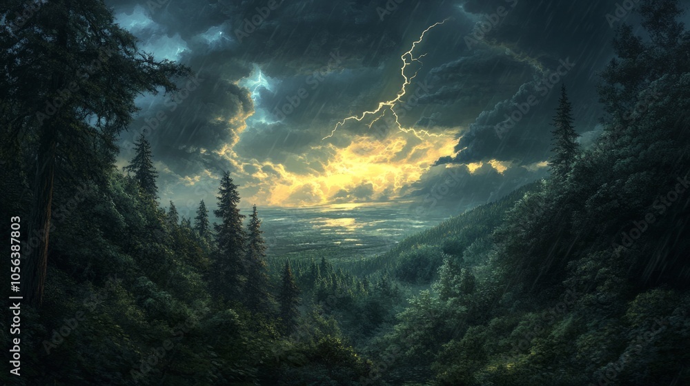 Obraz premium Dark and stormy sky over a dense forest, with lightning in the distance, generative ai