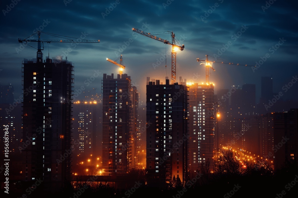 Silhouette of High-Rise Buildings Under Construction at Night with Tower Cranes and Dark Sky Background Silhouette of High-Rise Buildings Under Construction at Night with Tower Cranes and Dark Sky Background