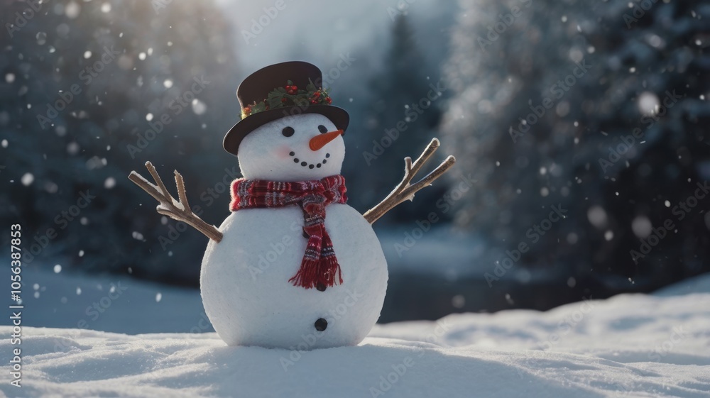 Obraz premium A snowman with a red scarf and a black hat stands in the snow