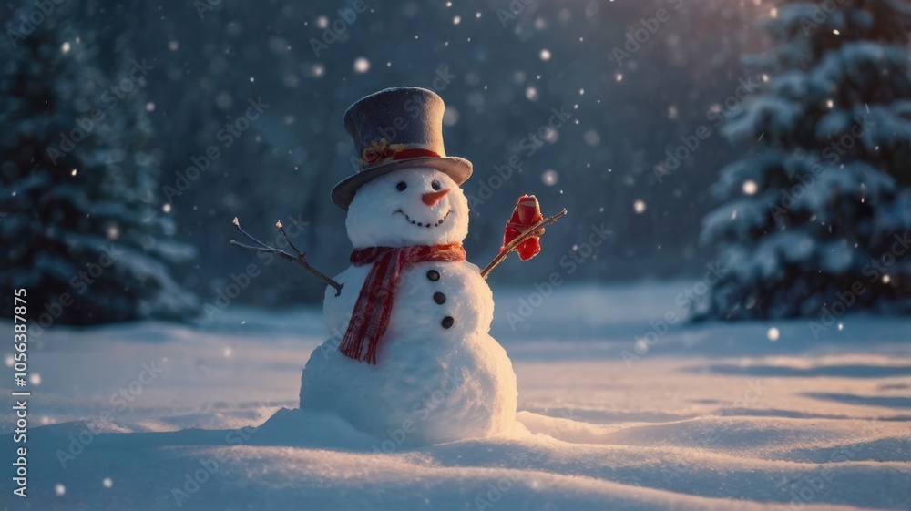 Fototapeta premium A snowman with a red scarf and hat is standing in the snow
