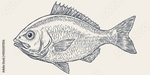 Gilt-head bream, fish, Dorado, seafood, sketch. Vintage retro print, seafood fish sketch, sea life, ink pencil style drawing engrave old school sketch, hand drawn. Sketch artwork fish. Illustration