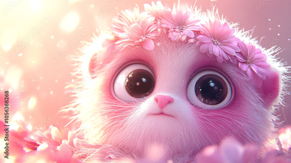Adorable kitten with big eyes surrounded by pink flowers in a dreamy setting Adorable kitten with big eyes surrounded by pink flowers in a dreamy setting
