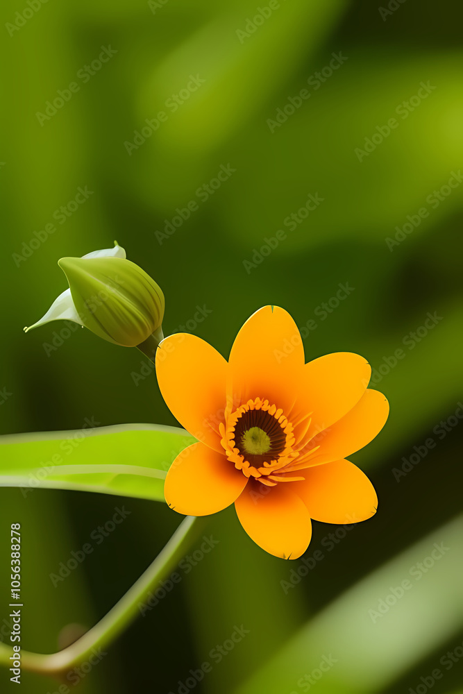 Obraz premium High resolution close up image of a orange flower in a green forest. Focus on the details of the orange flower including its texture flower finish and any safety features. Soft forest background