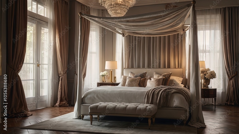 Elegant bedroom with a canopy bed and soft lighting. Elegant bedroom with a canopy bed and soft lighting.