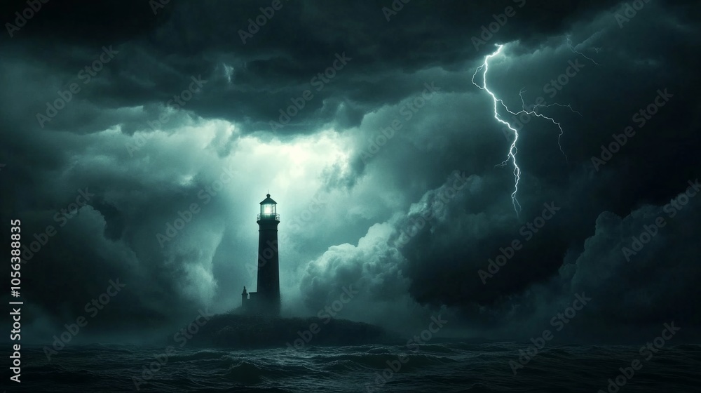 Dark and stormy sky over a lonely lighthouse, with lightning generative ai Dark and stormy sky over a lonely lighthouse, with lightning generative ai