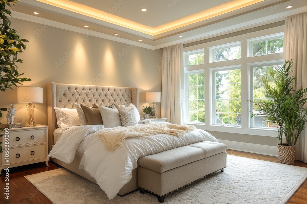 Modern Bedroom Interior Design with White Bedding and Large Windows Modern Bedroom Interior Design with White Bedding and Large Windows