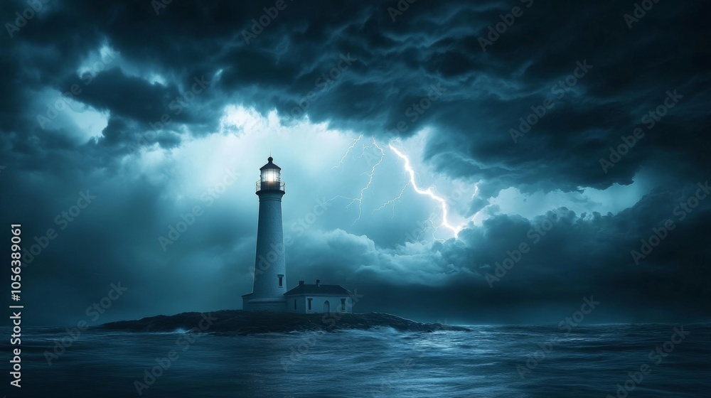 Dark and stormy sky over a lonely lighthouse, with lightning generative ai Dark and stormy sky over a lonely lighthouse, with lightning generative ai