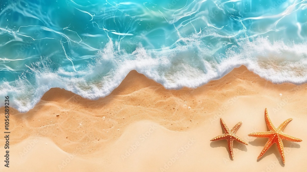 Two starfish on a sandy beach with foamy waves rolling in. Two starfish on a sandy beach with foamy waves rolling in.