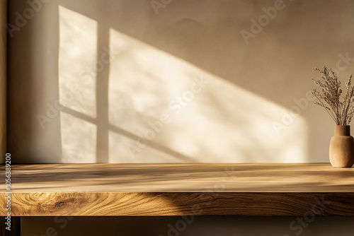 Brown Wooden Podium in Minimalist Kitchen Setting - Perfect for Advertising Eco-Cosmetics