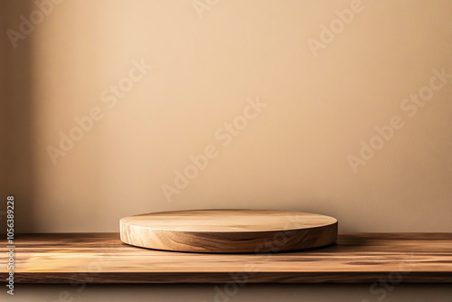 Brown Wooden Podium in Minimalist Kitchen Setting - Perfect for Advertising Eco-Cosmetics