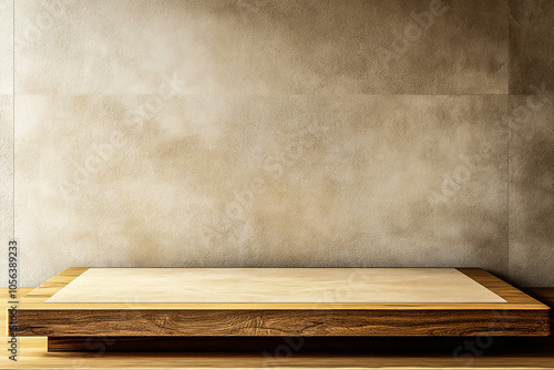 Brown Wooden Podium in Minimalist Kitchen Setting - Perfect for Advertising Eco-Cosmetics