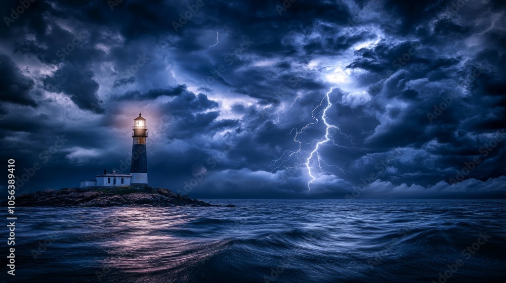 Dark and stormy sky over a lonely lighthouse, with lightning generative ai Dark and stormy sky over a lonely lighthouse, with lightning generative ai
