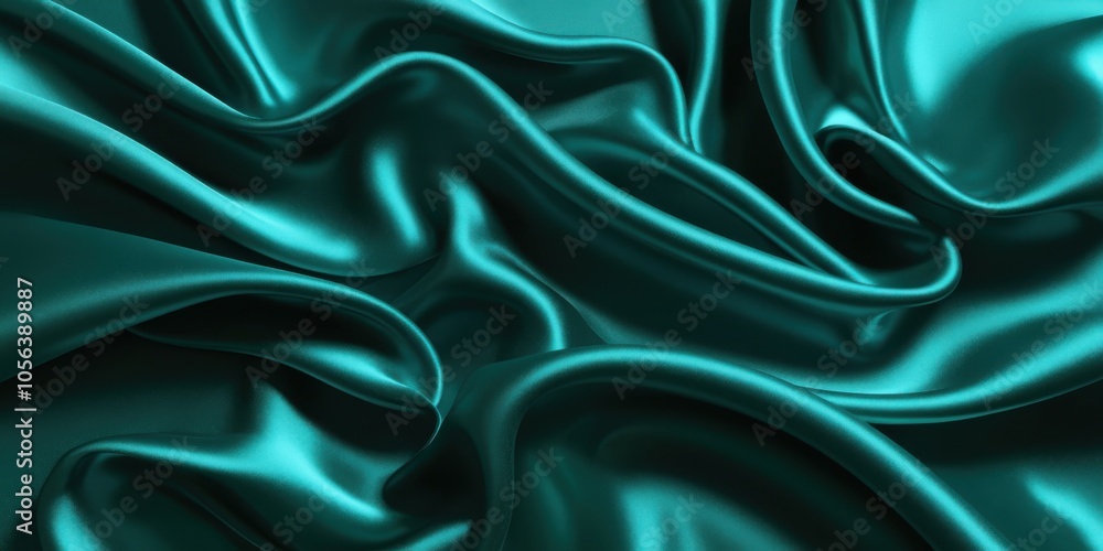 Fototapeta premium Luxurious teal satin fabric, flowing folds, shimmering texture, silky smooth surface, rich emerald green hues, elegant drapery, soft reflections, high-end textile, fashion background, opulent material