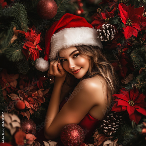 Santy woman in red dress of santa claus costume.