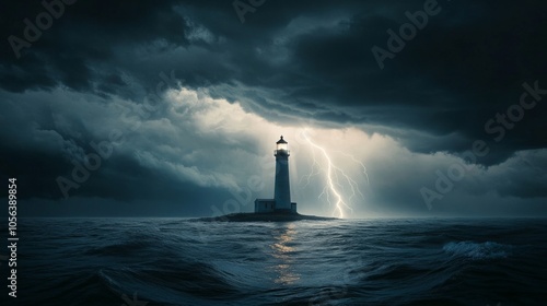 Dark and stormy sky over a lonely lighthouse, with lightning generative ai