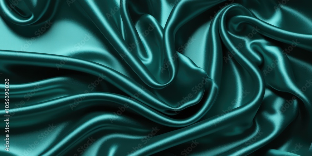 Fototapeta premium Luxurious teal satin fabric, flowing folds, shimmering texture, silky smooth surface, rich emerald green hues, elegant drapery, soft reflections, high-end textile, fashion background, opulent material