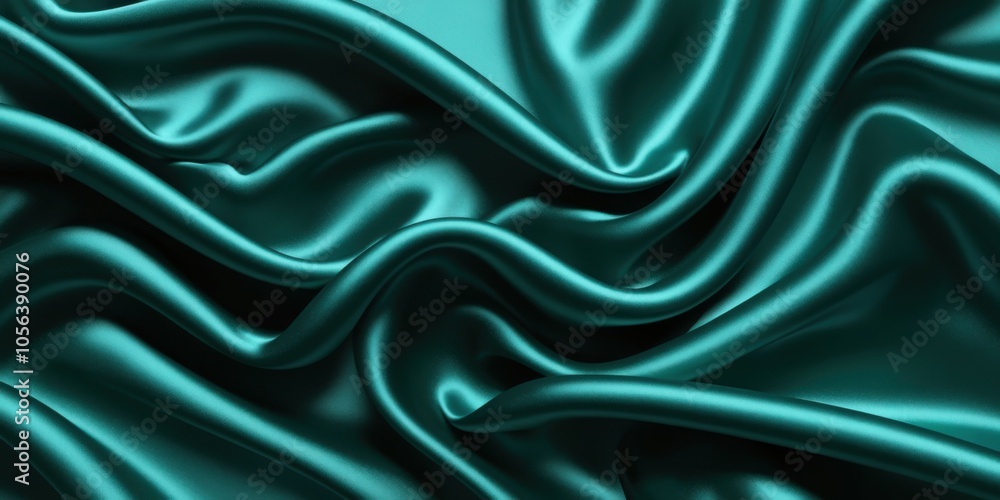 Obraz premium Luxurious teal satin fabric, flowing folds, shimmering texture, silky smooth surface, rich emerald green hues, elegant drapery, soft reflections, high-end textile, fashion background, opulent material