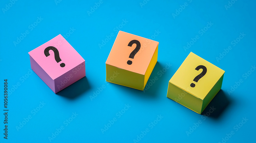 Top view of different cubes with question marks, blue background. Concept of doubt and ignorance Top view of different cubes with question marks, blue background. Concept of doubt and ignorance