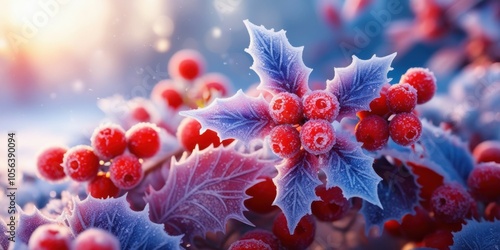 Frozen berries, macro photography, winter frost, icy crystals, red and blue color palette, bokeh lights, extreme close-up, crystalline details, cold atmosphere, nature's beauty, seasonal fruit, gliste