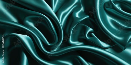 Luxurious teal satin fabric, flowing folds, shimmering texture, silky smooth surface, rich emerald green hues, elegant drapery, soft reflections, high-end textile, fashion background, opulent material