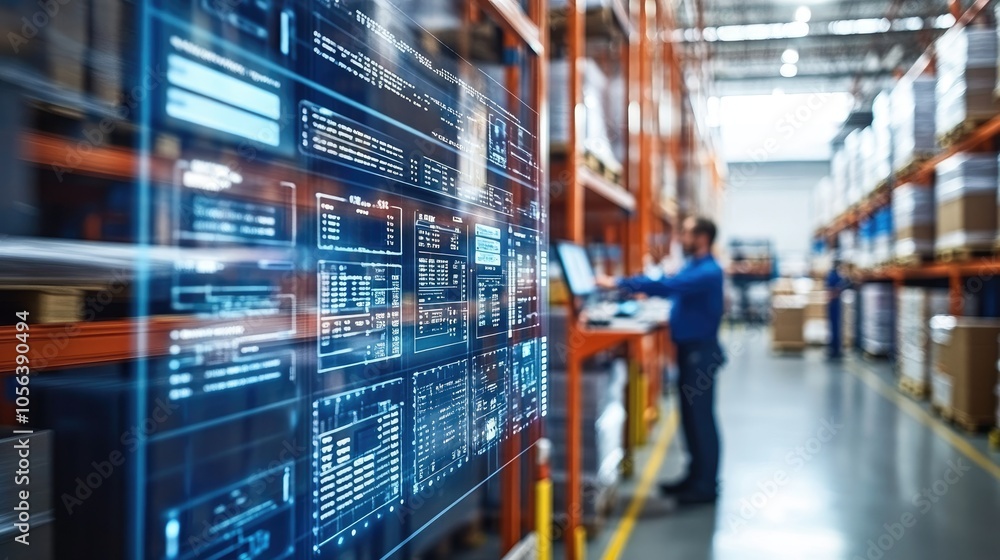 Warehouse Worker Using Digital Interface for Inventory Management in Modern Industrial Storage Facility Warehouse Worker Using Digital Interface for Inventory Management in Modern Industrial Storage Facility