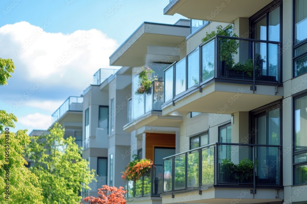 A condominium with balconies, each designed for privacy and featuring glass railings, overlooking a well-maintained urban landscape. A condominium with balconies, each designed for privacy and featuring glass railings, overlooking a well-maintained urban landscape.