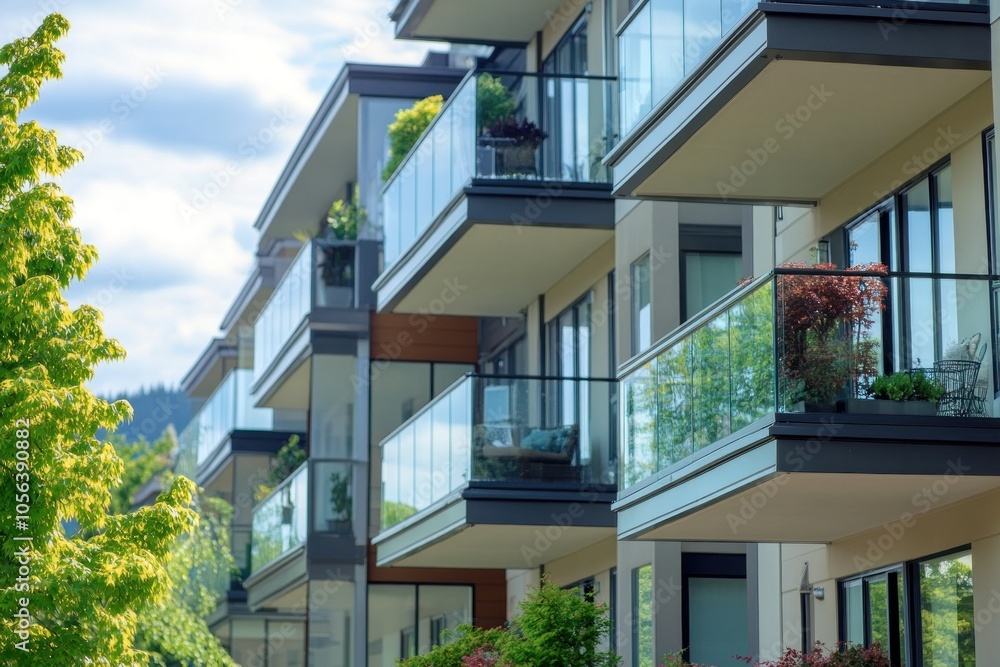 Obraz premium A condominium with balconies, each designed for privacy and featuring glass railings, overlooking a well-maintained urban landscape.