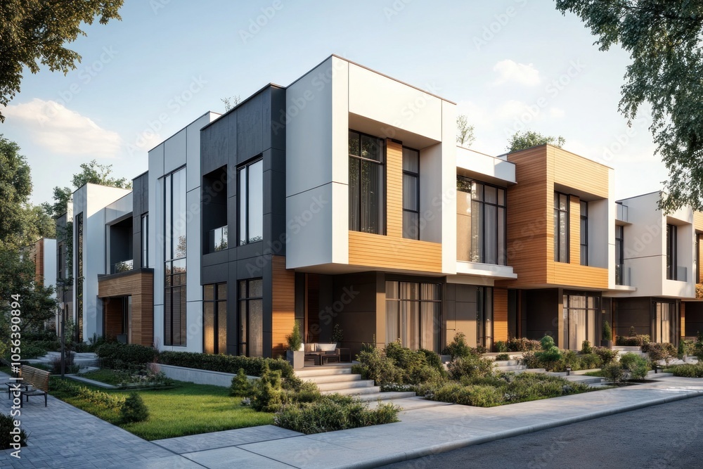 A contemporary condominium design showcasing a minimalist approach with a clean white facade and contrasting wooden accents. A contemporary condominium design showcasing a minimalist approach with a clean white facade and contrasting wooden accents.