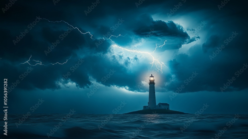 Dark and stormy sky over a lonely lighthouse, with lightning generative ai Dark and stormy sky over a lonely lighthouse, with lightning generative ai