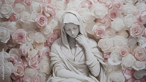 Woman Statue with White and Pink Rose Background