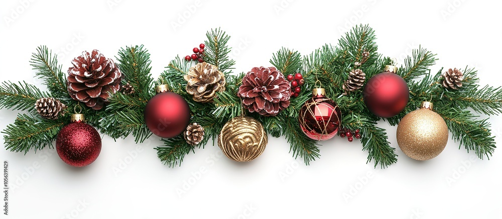 Festive arrangement of holiday ornaments and pinecones. Festive arrangement of holiday ornaments and pinecones.