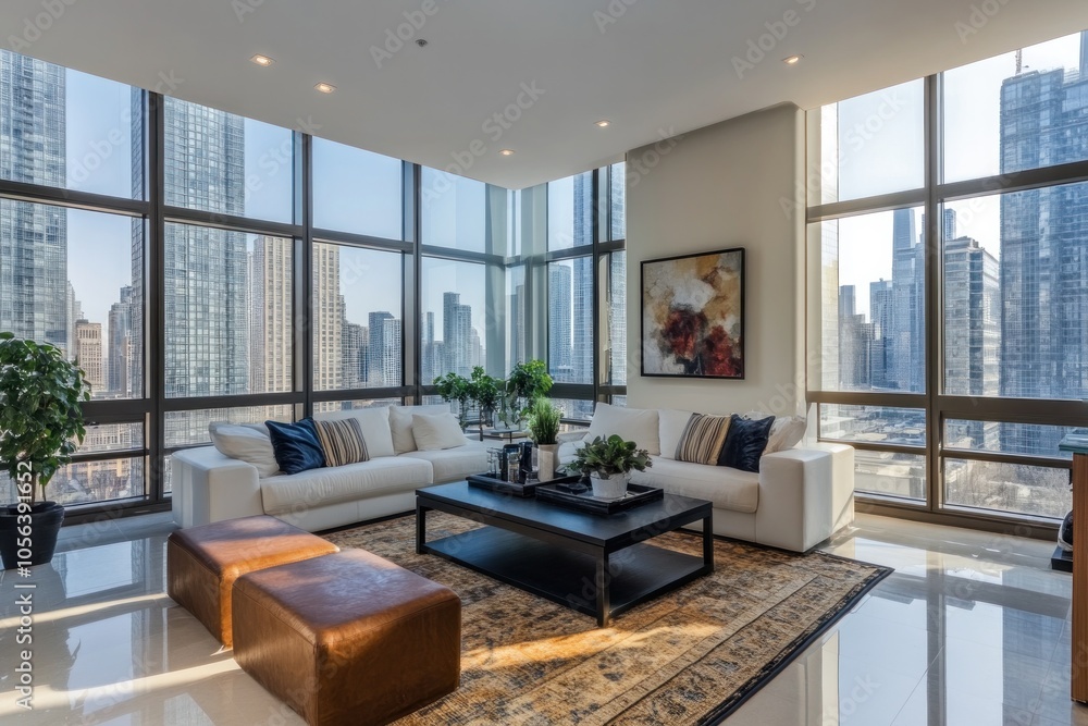 Fototapeta premium A luxury apartment residence showcasing a spacious interior with open-plan living, high ceilings, and large windows offering breathtaking skyline views.
