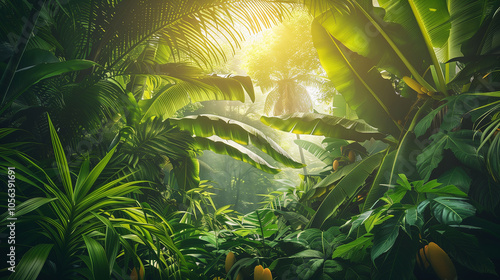Fototapeta Naklejka Na Ścianę i Meble -  Thick jungle foliage with vibrant green leaves under golden sunlight. Keywords: tropical canopy, lush plants, sunlit leaves, jungle atmosphere, dense forest.