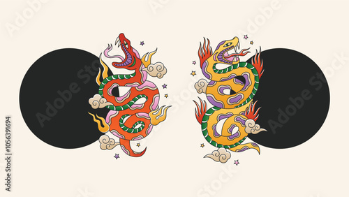 Snake new year frames with symbol of the snake. Traditional oriental tattoo style. Set of two pythons with clouds, fire and stars. Happy chinese new year templates.