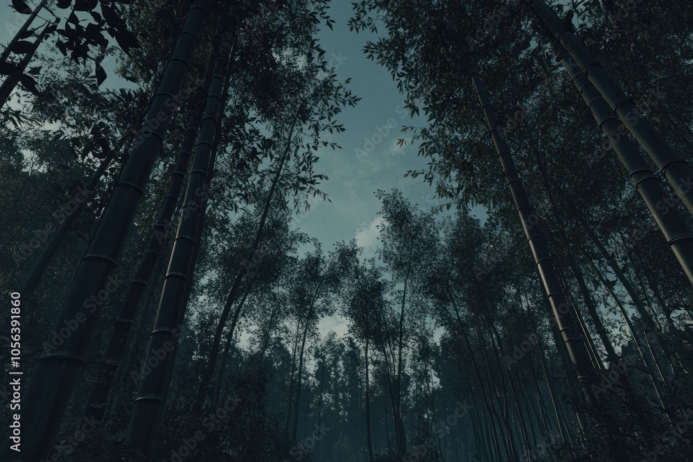 Obraz premium A serene bamboo forest with a view of the sky through tall, lush trees.