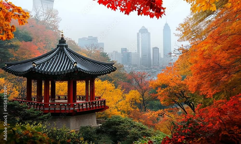 A serene pagoda amidst vibrant autumn foliage in a cityscape backdrop. A serene pagoda amidst vibrant autumn foliage in a cityscape backdrop.