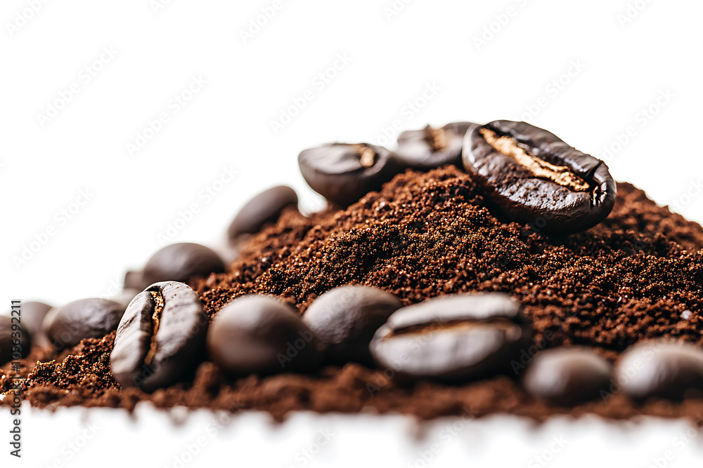 Roasted coffee beans sitting on a small pile of ground coffee against a white background Roasted coffee beans sitting on a small pile of ground coffee against a white background