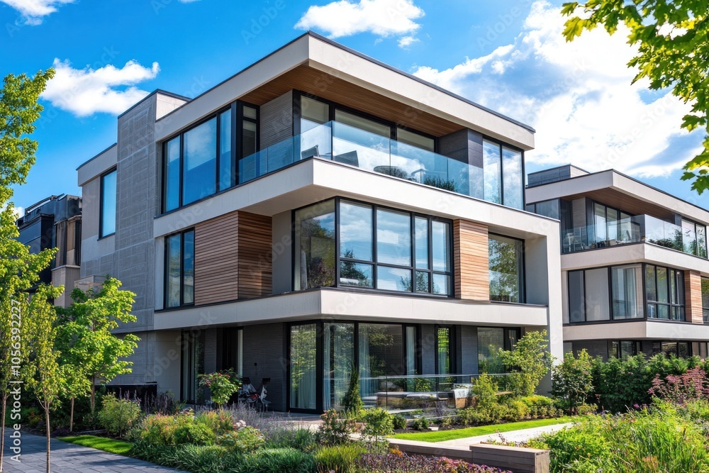 A modern luxury condo featuring sleek, contemporary architecture with large glass windows, clean lines, and a stylish facade that captures urban elegance. A modern luxury condo featuring sleek, contemporary architecture with large glass windows, clean lines, and a stylish facade that captures urban elegance.