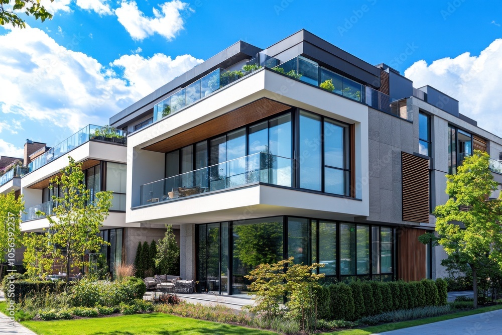 A modern luxury condo featuring sleek, contemporary architecture with large glass windows, clean lines, and a stylish facade that captures urban elegance. A modern luxury condo featuring sleek, contemporary architecture with large glass windows, clean lines, and a stylish facade that captures urban elegance.