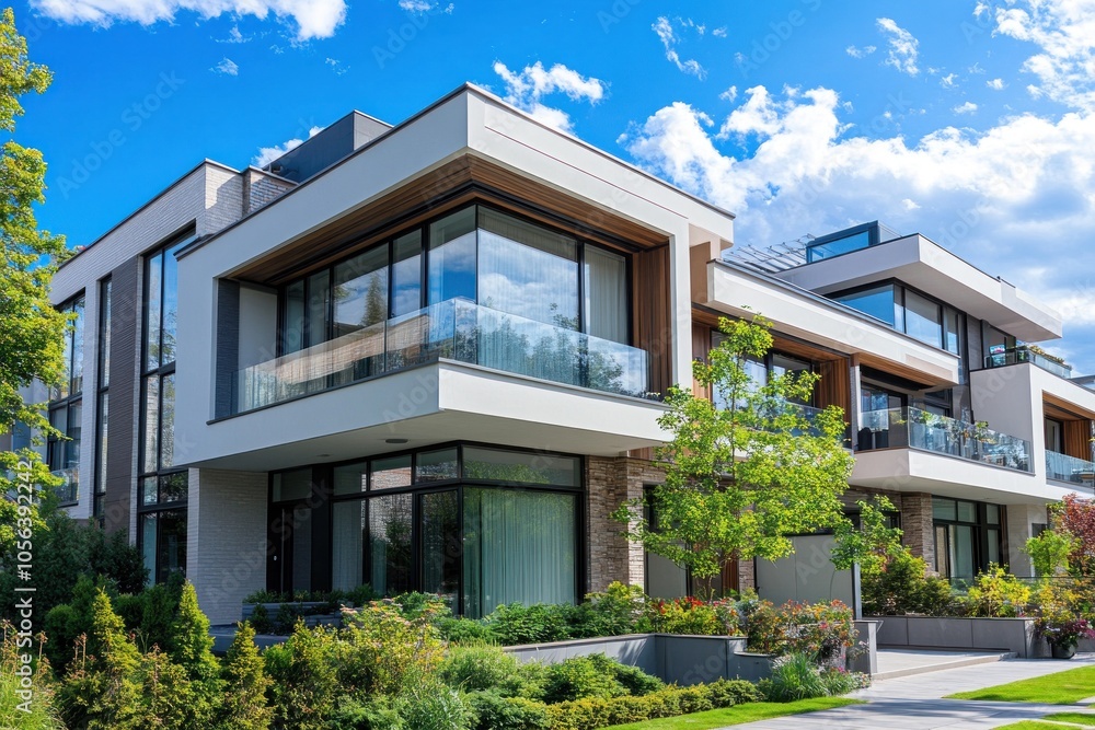A modern luxury condo featuring sleek, contemporary architecture with large glass windows, clean lines, and a stylish facade that captures urban elegance. A modern luxury condo featuring sleek, contemporary architecture with large glass windows, clean lines, and a stylish facade that captures urban elegance.