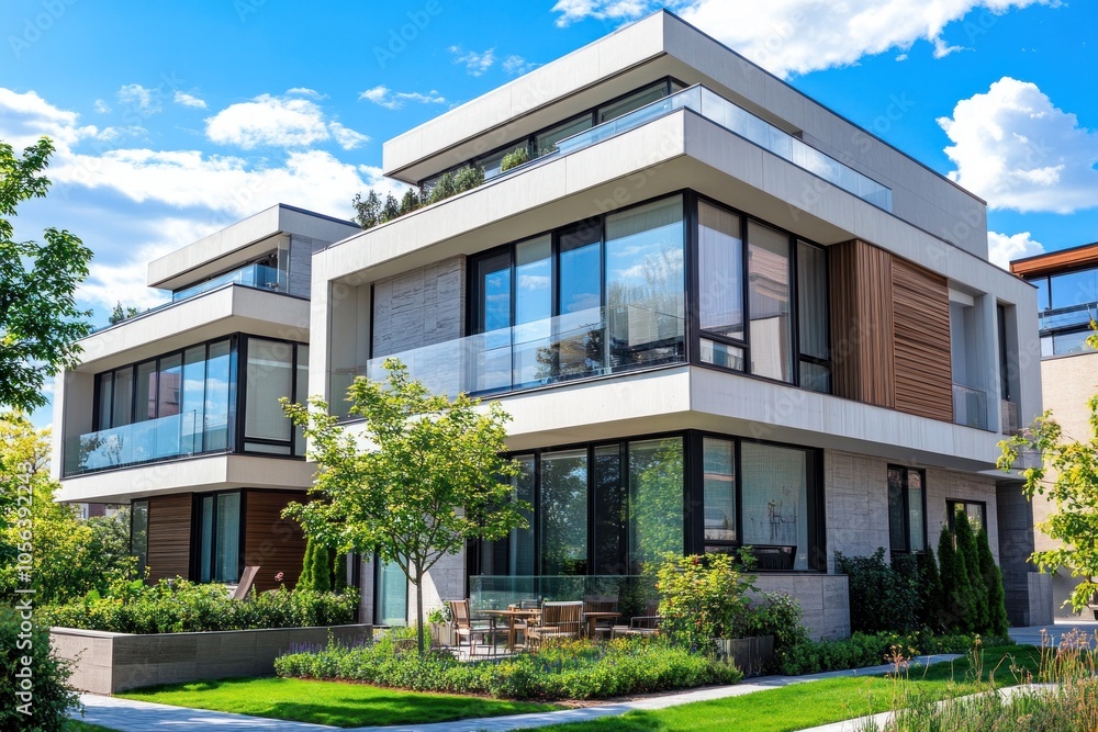 A modern luxury condo featuring sleek, contemporary architecture with large glass windows, clean lines, and a stylish facade that captures urban elegance. A modern luxury condo featuring sleek, contemporary architecture with large glass windows, clean lines, and a stylish facade that captures urban elegance.
