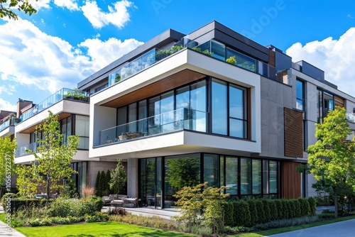 A modern luxury condo featuring sleek, contemporary architecture with large glass windows, clean lines, and a stylish facade that captures urban elegance.