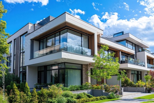 A modern luxury condo featuring sleek, contemporary architecture with large glass windows, clean lines, and a stylish facade that captures urban elegance.