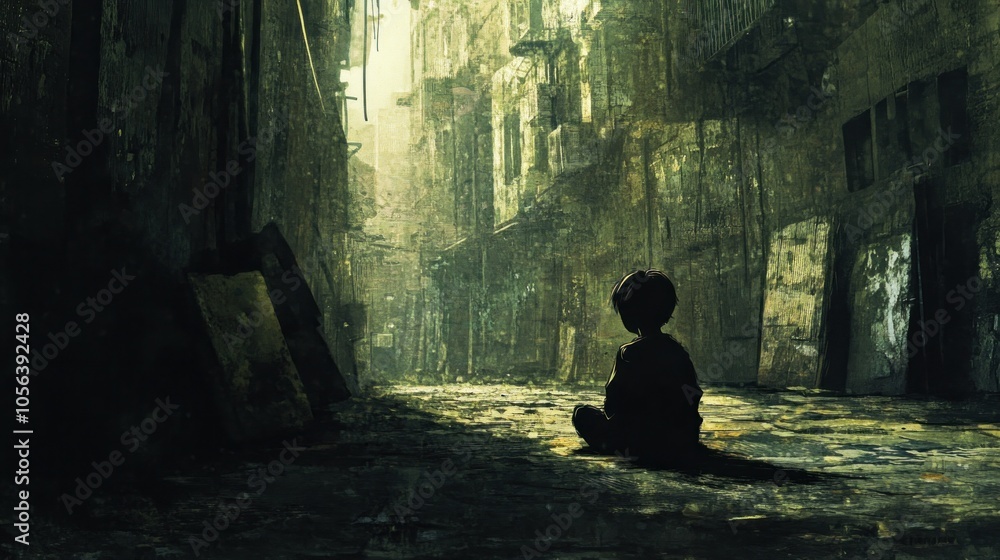 An abandoned child sitting alone in a deserted alley, surrounded by shadows in a gloomy urban environment An abandoned child sitting alone in a deserted alley, surrounded by shadows in a gloomy urban environment