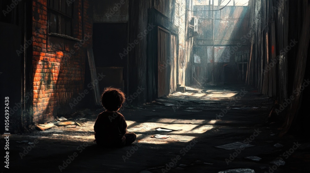 An abandoned child sitting alone in a deserted alley, surrounded by shadows in a gloomy urban environment An abandoned child sitting alone in a deserted alley, surrounded by shadows in a gloomy urban environment